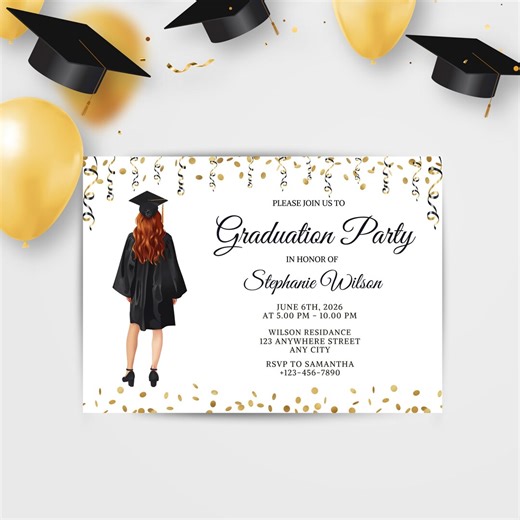 Editable Graduation Invitation Template, Personalized Graduation Invitation, Female Graduate, Red Hair Graduate Invitation, Graduation Party - Etsy