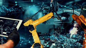 Smart industry robot arms modernization for innovative factory technology . Concept of automation manufacturing process of Industry 4.0 or 4th industrial revolution and IOT software control operation.