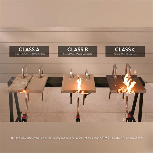 TimberTech's fire-resistant decking from the Vintage Collection has a Class A flame spread rating, the best in the industry. See how it compares to boards with Class B & C ratings. Learn more about fire testing standards: spec.azek.com/fire-resistance | Evanston Lumber