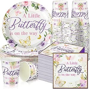 200 Pcs Butterfly Baby Shower Paper Plates Napkins Cups Girl Shower Party Supplies Tableware Set Purple Disposable Cup Napkin for 50 Guest Girls Spring Party Decoration