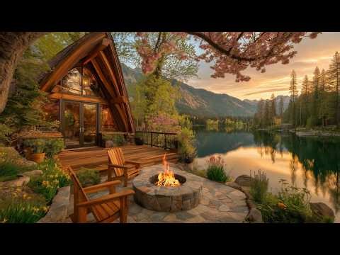 Quite Spring Ambience Lakeside Cabin 🌸 Relaxing Nature Sounds, Birds Singing & Fire Crackling