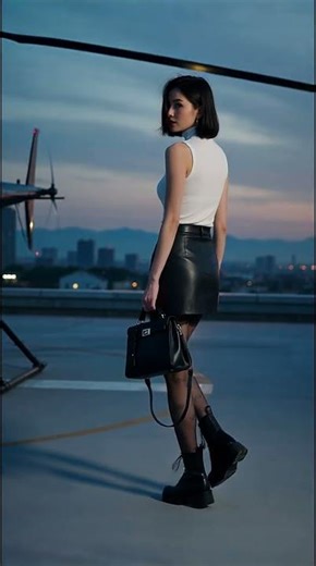 レザースカートとヘリコプター：都会の夜を歩く#AI美女 #AIart #Lookbook #Helicopter #直升机 #ヘリコプター #皮裙 #レザースカート #背影杀 #後ろ姿