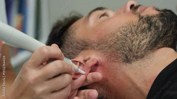 Dry Needling. Inserting small needle in the ear trigger points