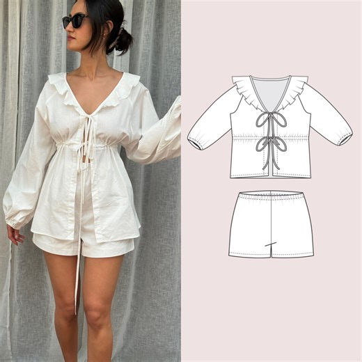 Tie Front Shirt   Shorts | Easy Sewing Pattern | Linen Shorts | Front Tie Blouse | PDF Sewing Pattern | Puffy Sleeve Top | INSTANT DOWNLOAD - Etsy