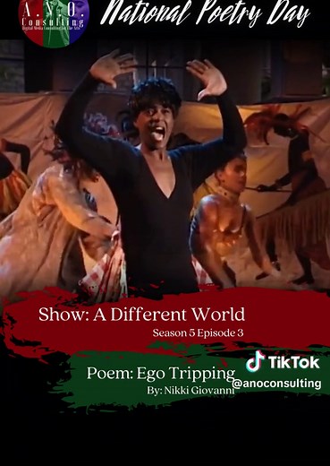 Watch Charnele Brown (Kim Reese) take center stage in this ICONIC scene from A Different World performing Nikki Giovanni's Ego-Tripping in celebration of National Poetry Day! #CharneleBrown #KimReese#NationalPoetryDay #Poetry #NikkiGiovanni #ADifferentWorld #Poem #CelebrateTheArts