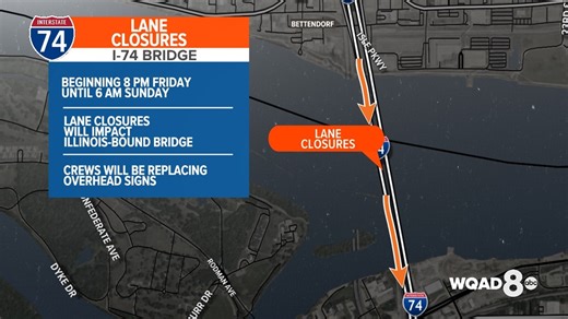 Illinois-bound lanes closing on the I-74 bridge from Friday to Sunday