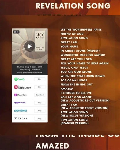 Our 30th Anniversary Collection album features hits and favorites from 30 years of music ministry plus new versions of "You Are God Alone," "Great I Am," and "Revelation Song". https://ffm.to/pcd_30 Track list: Let The Worshippers Arise Friend of God Revelation Song Great I Am Your Name In Christ Alone (Medley) Wonderful Merciful Savior Great Are You Lord Tell Your Heart To Beat Again Jesus, Only Jesus You Are God Alone When The Stars Burn Down Top of My Lungs From The Inside Out Amazed I Choose
