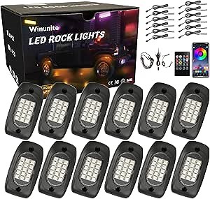 Winunite 12 Pods RGB Rock Lights 12V with Wires,Waterproof Music Mode APP/Remote Control Multicolor Underglow Light Kit Wheel Well Lights for Off Road Trucks SUV ATV UTV Trailer Boats