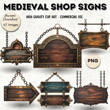 Medieval Shop Signs PNG Bundle | 47 Rustic Hanging Sign Clipart Images