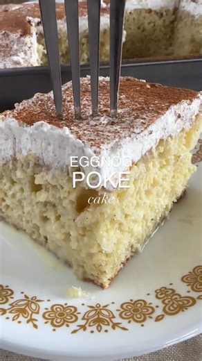 Fantabulosity / Jessica Burgess on Instagram: "Eggnog Poke Cake 🎄✨ Comment “egg” for the recipe! Soft, creamy, and full of that classic holiday eggnog flavor — this poke cake (with tres leches) is cozy, festive, and so easy to make. Perfect for Christmas parties, potlucks, or anytime you want a sweet little taste of the season. 🤍 #christmasrecipes #holidaydesserts #easydesserts"