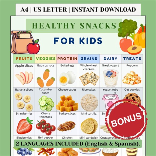 Healthy Snacks for Kids Chart Printable, School Snack Ideas, Toddler Snack Chart, Lunchbox Foods List, Kitchen Poster, English-spanish PDF - Etsy