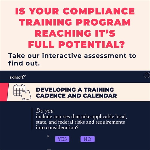 Are you making the most of your existing compliance program? One of the key components to developing a training curriculum is effectively determining which employees need what training courses and when. Take our interactive assessment to find out if your organization has effectively evaluated the risks you face and have assigned the appropriate training to your employees: https://bit.ly/3RKXdfo | Skillsoft
