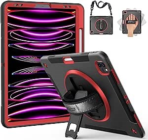 iPad Pro 12.9 Case 6th Generation 2022: Military Grade Heavy Duty Shockproof Cover for iPad Pro 12.9 Inch 2021 5th Gen-Pencil Holder-Rotating Stand-Hand/Shoulder Strap-Red