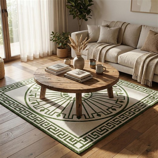 Green Greek Key Border Wool Rug, Luxury Hand Tufted 8x10 Area Rugs, Modern Ivory Statement Carpet, Custom Size Living Room Rug - Etsy