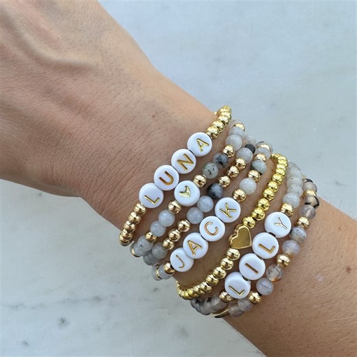 Personalized Word Bracelet Stacking Mama Bracelet Kids Name Custom Name Beaded Bracelet Strech Personalized Gift Idea Custom Jewelry Gold - Etsy
