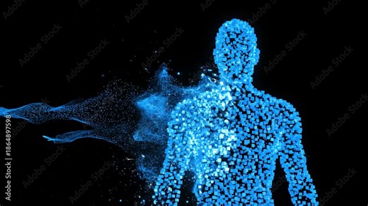 Abstract Digital Human Body Formed by Blue Pixels and Particles on Black, Illustrating AI and Data Concepts