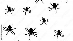 Spiders running down on a white background. Seamless loop 3d animation of black silhouettes of arthropods.