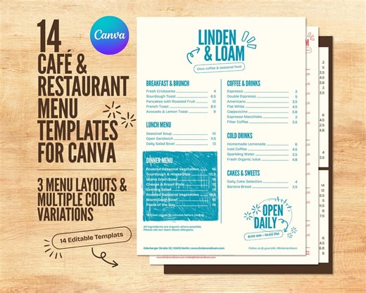 Canva Editable Cafe & Restaurant Menu Templates | 14 Templates | 3 Layouts, Multiple Colors | Printable PDF A4 - Etsy