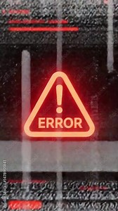 Vertical red glowing warning triangle with exclamation mark and the word error displayed on dark screen. Futuristic cyber UI interface showing system failure or alert notification in 4k animation