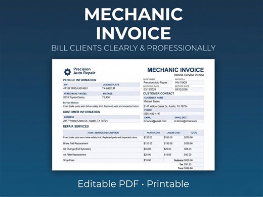 Mechanic Invoice Template & Auto Repair Receipt | Fillable PDF Vehicle Repair Bill | Mobile Mechanic Form - Etsy