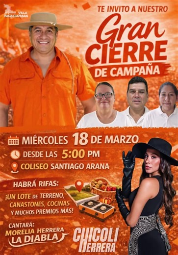 🔥 ¡MUYUPAMPA NOS VEMOS EN EL GRAN CIERRE DE CAMPAÑA! 🔥 Este miércoles 18 de marzo desde las 5:00 de la tarde te esperamos en el Coliseo Santiago Arana para vivir juntos el gran cierre de campaña de Chicoli Herrera junto a sus concejales y asambleísta. 🎶 Estará cantando en vivo Morelia Herrera “La Diabla” 🎁 Grandes rifas: 🏡 Un lote de terreno 🧺 Canastones 🍳 Cocinas y electrodomésticos 🎉 ¡Y muchos premios más! 💪 Será una gran fiesta junto al pueblo. ¡Ven con tu familia y amigos! #ChicoliH