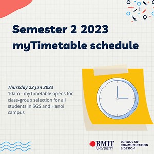 📅Mark your calendar! Tomorrow at 10am, it's time for you to select your class timetable schedule!🎊 👉 Visit myTimetable now: https://www.rmit.edu.vn/students/my-studies/class-timetables 🤩Are you ready? | School of Communication & Design - RMIT Vietnam