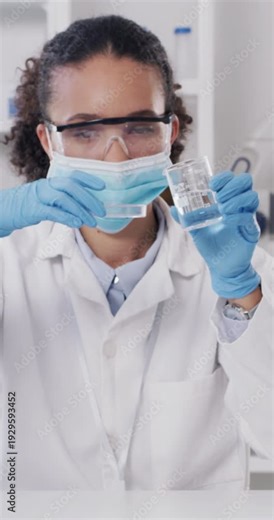 Scientist, woman and experiment in lab with beaker, petri dish and microscope for medical research. Science, person and equipment in clinic with liquid, PPE and biotech for healthcare investigation.