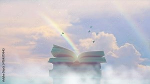 stack of books with the blue sky background. World Book Day.