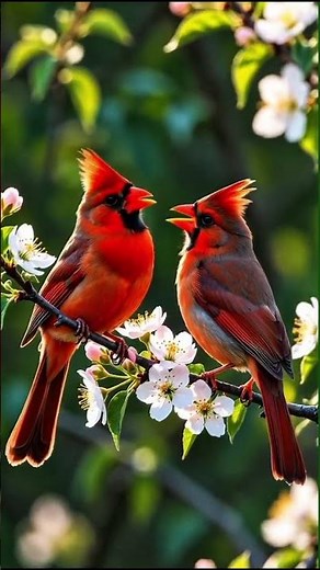 Male & Female Cardinal Singing Together on Flower Branch 🌸❤️