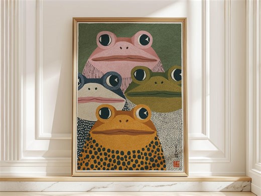 Modern Japanese Frog Art Print Retro Colorful Frogs Poster Quirky Green Orange Japandi Wall Art - Etsy