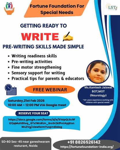 Fortune Foundation For Special Needs on Instagram: "Fortune Foundation For Special Needs 📘 Getting Ready to Write: Pre-Writing Skills Made Simple An online professional session for parents, educators, and therapists focusing on writing readiness and foundational skills for children with special needs. Key Focus Areas: • Pre-writing activities • Fine motor strengthening • Sensory support for writing • Practical strategies for home and classroom Resource Person: Ms. Kamlesh Jaiswal, BOT, MOT (Neu