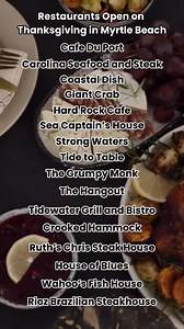 If you’re looking for places to eat on Thanksgiving in Myrtle Beach, this lineup of restaurants has you covered! From all-you-can-eat buffets to family-style spreads and full-service holiday menus, these spots make celebrating with loved ones effortless. 🦃 Cafe Du Port at Ocean Reef Resort 🦃 Carolina Seafood & Steak 🦃 Coastal Dish and The Deck 🦃 The Giant Crab 🦃 Hard Rock Cafe Myrtle Beach 🦃 Sea Captain's House (Breakfast only) 🦃 Strong Waters Craft Cocktails & Kitchen 🦃 Tide to Table 🦃