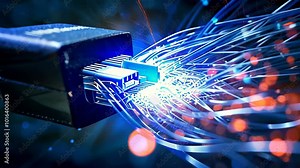 A close-up of an ethernet cable connector with blue and orange lights flowing out of it Stock Video