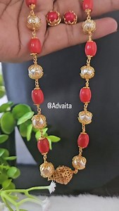 Coral Pearl Mix Beaded Chain With Matching Earrings [Coral Jewellery, Pearl Jewels, Pearl chains, coral chains, gundumala, beaded necklace] | Advaita - Handcrafted Jewellery