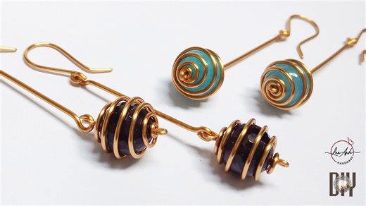 Spiral earring with spherical stone - Simple jewelry from copper wire 402