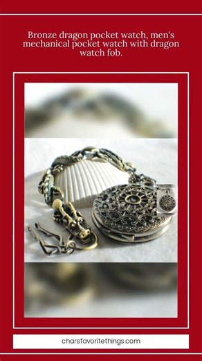 Bronze dragon pocket watch, men's mechanical pocket watch with dragon watch fob.