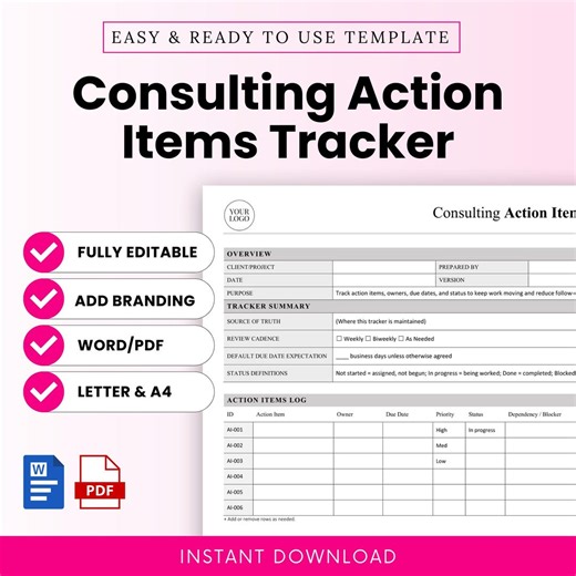 Consulting Action Items Tracker Template – Word & PDF, A4   US Letter - Etsy