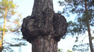 Large growth on a tree. Spruce with swelling around the trunk.