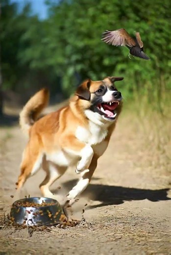 Dog and bird fare fighting for the food