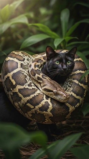 chilling encounter between a powerful python and a fearless black cat. Wrapped in tension