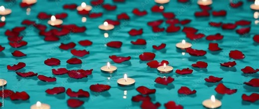 Floating tealight candles and deep red rose petals scattered across vibrant blue water