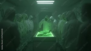 Scientists in protective suits examining alien creature in secret facility. Classified research scene. Government conspiracy concept. Area 51 footage