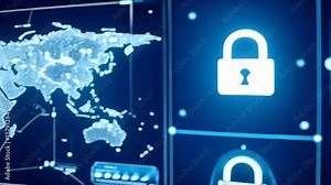 Data security hub displaying world map and lock icons on multiple monitors, digital security data visualization