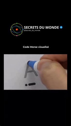 SECRETS DU MONDE on Instagram: "On ne voit personne peindre des lettres. Vous assistez à l’expression d’un langage qui parle en silence. ↓ FAIT PRINCIPAL Ce que l’on voit dans la vidéo, c’est du code Morse — un système de communication basé uniquement sur des points et des traits. Chaque lettre a son propre rythme : E = . T = - S = ... O =_ Sur le papier, ça ressemble juste à un trait de stylo. Mais en pratique, il s’agit d’un son transformé en temps : un petit coup, une pause, un long coup. Pen