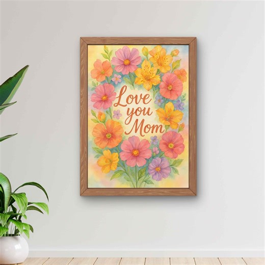 Watercolor Floral Wreath 'love You Mom' Print | Bright Spring Flowers Mother's Day Card Wall Art Digital Download Instant High-res Gift - Etsy