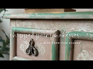 Chippy paint technique with distressed furniture stamps
