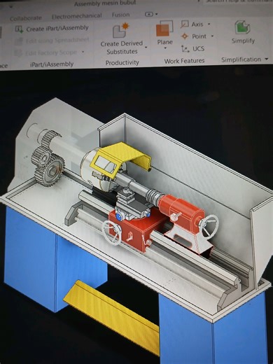 DESAIN 3D MESIN BUBUT ⚙️ Full assembly lengkap: Gear system, carriage, tailstock, hingga cover pelindung 🔧 Detail presisi. Siap produksi. Cocok untuk industri, workshop & skripsi teknik. Butuh desain mesin custom? DM sekarang 📩 #mesinbubut #desainmesin #cad #solidworks #autocad