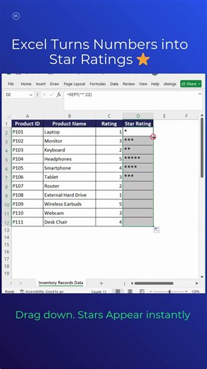 Turn Numbers into Star Ratings in Excel ⭐ #excel #spreadsheetmagic #productivity