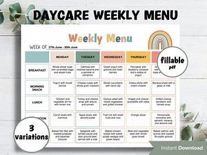 Home Daycare Weekly Menu Editable | Weekly Meal Planner | Preschool Menu | Home School Meal Planner | Daycare Template I Editable Menu - Etsy