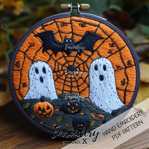 Halloween Ghost Embroidery Pattern PDF: Bat Spider Web and Pumpkins Hoop Art Hand Stitch Design - Etsy